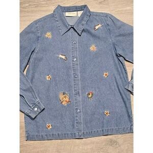 Lemon Grass Fall Embroidery Blue‎ Denim Long Sleeve Button Up Size PM